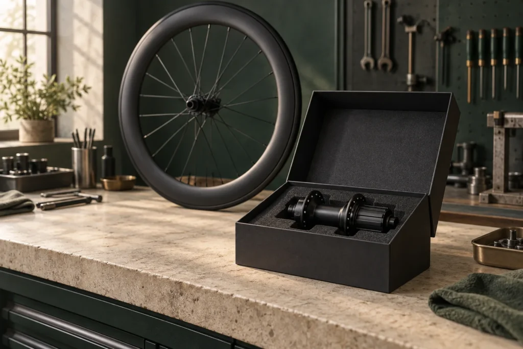 Hub and wheel components prepared for packaging