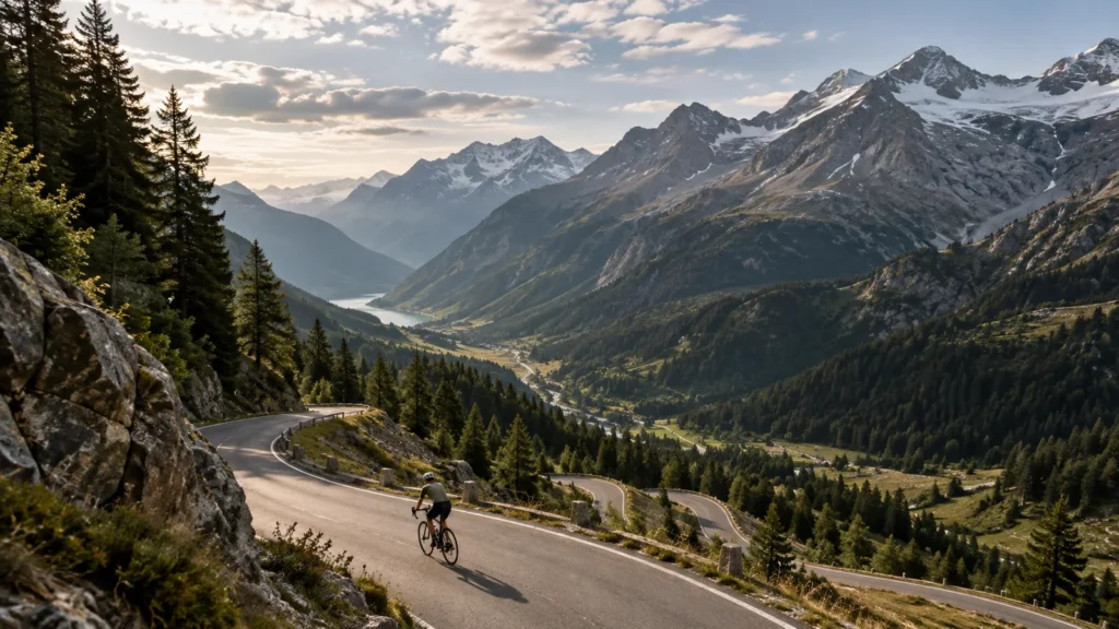 Mountain road winding through an alpine valley