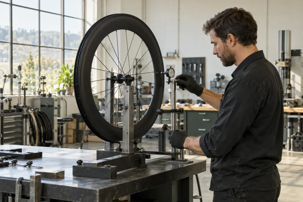 Technician checking a wheel in a workshop