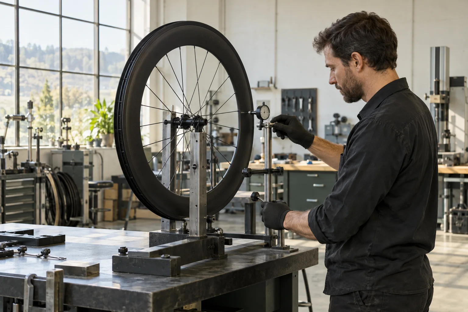 Technician checking a wheel in a workshop